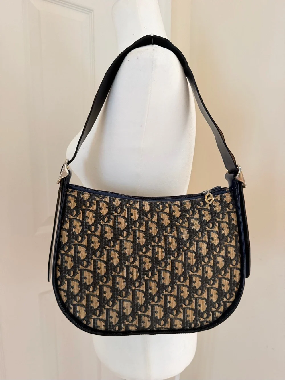 Authentic Christian DIOR Trotter Canvas Oblique Navy Leather Hobo Bag
